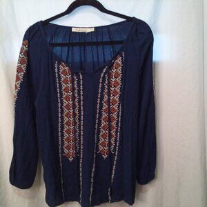 Solitaire Blouse Women S 3/4 Sleeve Boho Aztec Pattern Textured Blue